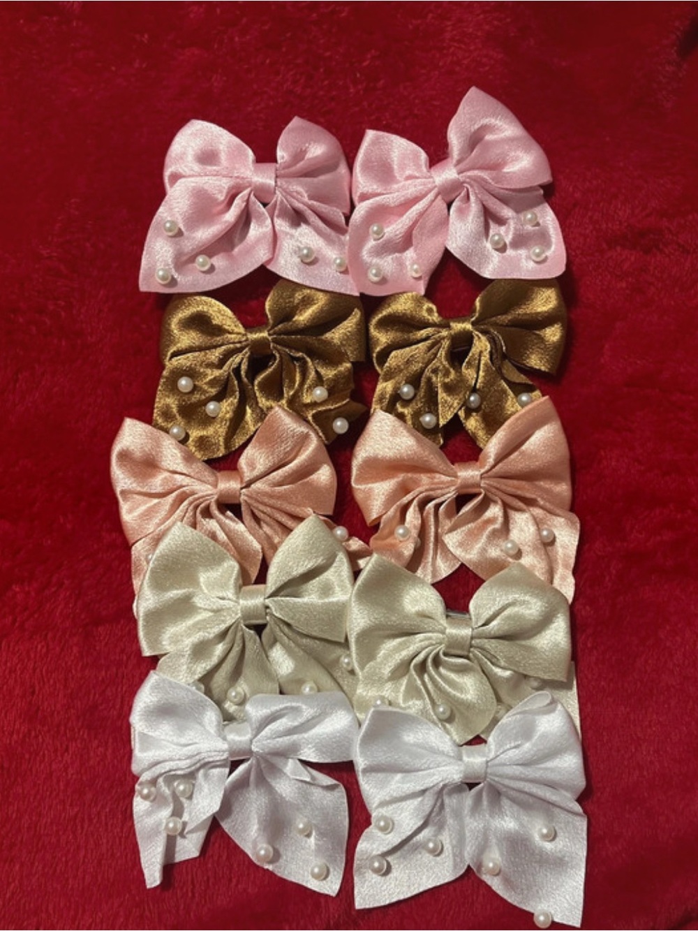 Kids Satin Pearl Bow Hair Clips - Pink, Gold, Peach, Cream, White